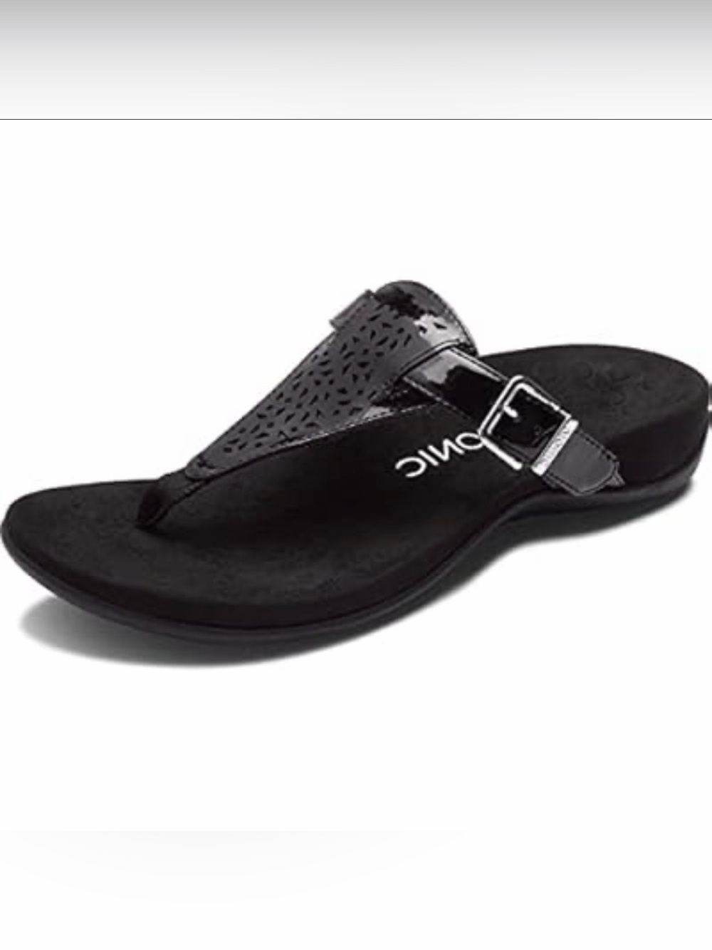 Vionic Rest Tropez Sandals Black Leather Thong Support Arch Silver Buckle 8
